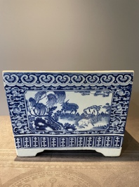 A square Chinese blue and white 'three rams' jardiniere, 19th C.