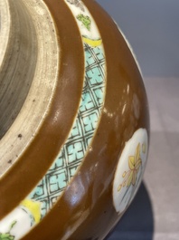 A pair of Chinese capucin-brown-ground famille rose covered jars with floral design, Yongzheng/Qianlong