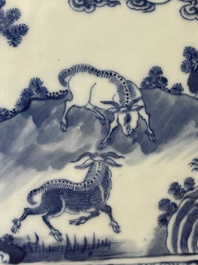 A square Chinese blue and white 'three rams' jardiniere, 19th C.
