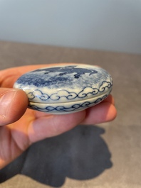 A Chinese blue and white brush washer and two seal paste boxes and covers, Qianlong mark, 19th C.