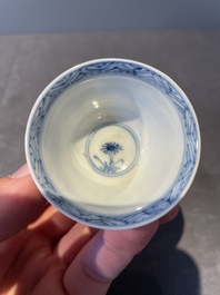 Four Chinese blue and white 'Eight Immortals' cups and saucers and five saucers, Chenghua and Lu mark, Kangxi