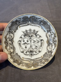 A Chinese gilt-decorated grisaille armorial cup and saucer, Qianlong