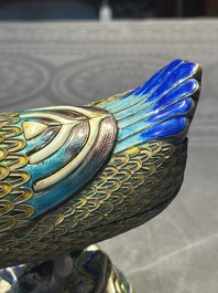 A rare Chinese turquoise and red coral inlaid silver enamelled duck-shaped censer and cover, 19/20th C.