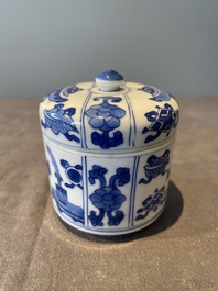 A Chinese blue and white vase, a covered bowl and six saucers, Chenghua and artemisia leaf mark, Kangxi