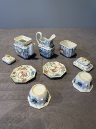 A Chinese blue, white and famille rose tea service, three famille rose bowls, a plate and a covered jar, 19th C.