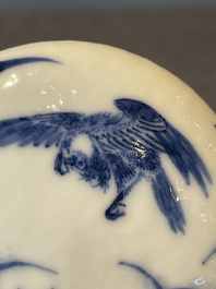 A Chinese blue and white brush washer and two seal paste boxes and covers, Qianlong mark, 19th C.