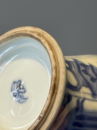 A Chinese blue and white vase, a covered bowl and six saucers, Chenghua and artemisia leaf mark, Kangxi