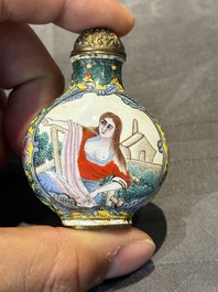 Six Chinese Peking enamel snuff bottles with European design, Qianlong mark, 19/20th C.