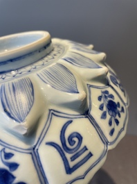 A rare Chinese lotus-shaped blue and white 'fu' dish, Kangxi mark and of the period