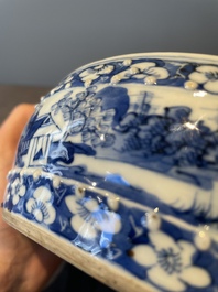 A Chinese blue and white brush washer and two seal paste boxes and covers, Qianlong mark, 19th C.