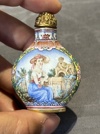 Six Chinese Peking enamel snuff bottles with European design, Qianlong mark, 19/20th C.