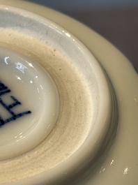 A Chinese blue and white brush washer and two seal paste boxes and covers, Qianlong mark, 19th C.