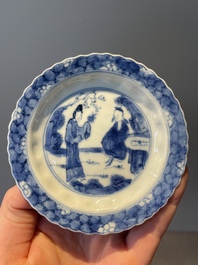 Four Chinese blue and white 'Eight Immortals' cups and saucers and five saucers, Chenghua and Lu mark, Kangxi