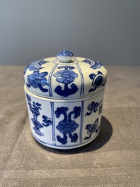 A Chinese blue and white vase, a covered bowl and six saucers, Chenghua and artemisia leaf mark, Kangxi