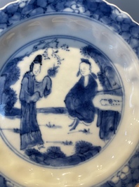Four Chinese blue and white 'Eight Immortals' cups and saucers and five saucers, Chenghua and Lu mark, Kangxi