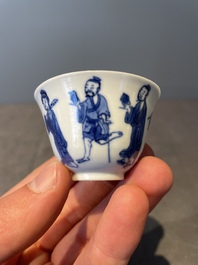 Four Chinese blue and white 'Eight Immortals' cups and saucers and five saucers, Chenghua and Lu mark, Kangxi