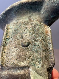 Three Chinese archaic bronze wine vessels, Zhou or later