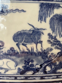 A square Chinese blue and white 'three rams' jardiniere, 19th C.