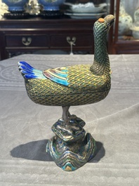 A rare Chinese turquoise and red coral inlaid silver enamelled duck-shaped censer and cover, 19/20th C.