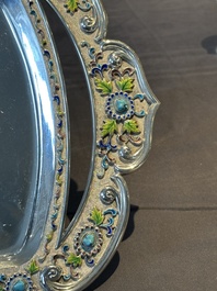 A rare Chinese silver, enamel and hardstone coffee set with matching tray, 20th C.