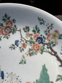 A Chinese famille verte 'leaping carps' dish, artemisia leaf mark, Kangxi