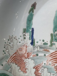 A Chinese famille verte 'leaping carps' dish, artemisia leaf mark, Kangxi