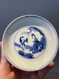 Four Chinese blue and white 'Eight Immortals' cups and saucers and five saucers, Chenghua and Lu mark, Kangxi