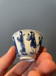 Four Chinese blue and white 'Eight Immortals' cups and saucers and five saucers, Chenghua and Lu mark, Kangxi