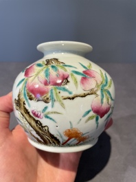 A rare Chinese famille rose 'Wu Shuang Pu' vase and a 'nine peaches' jar, Guangxu mark, 19th C.