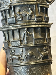 Two Chinese Chinese bronze cylindrical incense stick holders and a covered censer, Yuan/Ming and Qing