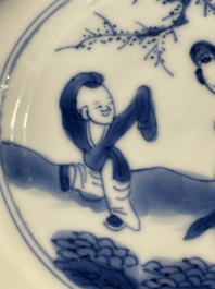 Four Chinese blue and white 'Eight Immortals' cups and saucers and five saucers, Chenghua and Lu mark, Kangxi