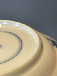 A Chinese blue and white vase, a covered bowl and six saucers, Chenghua and artemisia leaf mark, Kangxi