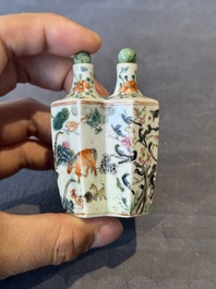 A Chinese double losange-shaped '12 zodiac animals' snuff bottle and a 'roosters' snuff bottle, 19th C.