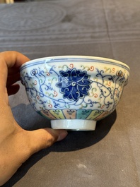 Two Chinese blue, white and famille rose bowls and two famille rose bowls, Guangxu and Shen De Tang mark, 19th C.