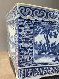 A square Chinese blue and white 'three rams' jardiniere, 19th C.