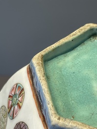 A Chinese blue, white and famille rose tea service, three famille rose bowls, a plate and a covered jar, 19th C.