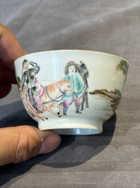 A Chinese famille rose 'Don Quixote' cup and saucer, 18/19th C.