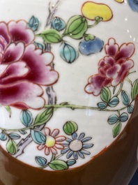 A pair of Chinese capucin-brown-ground famille rose covered jars with floral design, Yongzheng/Qianlong