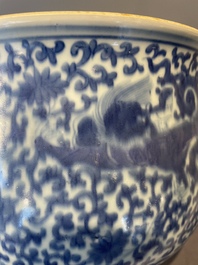 A large Chinese blue and white censer with chilong and floral design, Kangxi