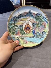 A pair of rare Chinese Canton famille rose armorial soup plates with the arms of Wight, ca. 1810