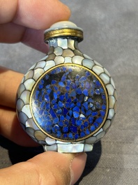 Two Chinese lacquered and mother-of-pearl-inlaid snuff bottles and a carved mother-of-pearl shell snuff bottle, Qianlong mark, 18/19th C