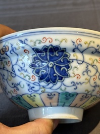 Two Chinese blue, white and famille rose bowls and two famille rose bowls, Guangxu and Shen De Tang mark, 19th C.