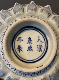 A rare Chinese lotus-shaped blue and white 'fu' dish, Kangxi mark and of the period