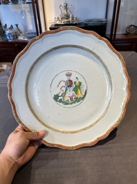 A Chinese export famille rose dish with a crowned coat of arms of the King's Club for the Danish market, Qianlong