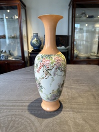A Chinese famille rose 'birds and flowers' vase, signed Deng Xiaoyu 鄧肖禹, dated 1961