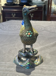 A rare Chinese turquoise and red coral inlaid silver enamelled duck-shaped censer and cover, 19/20th C.