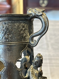 Two Chinese Chinese bronze cylindrical incense stick holders and a covered censer, Yuan/Ming and Qing
