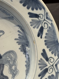 A blue and white Dutch maiolica dish with a rider on horseback, probably Harlingen, 2nd half 17th C.