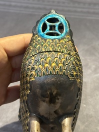 A rare Chinese turquoise and red coral inlaid silver enamelled duck-shaped censer and cover, 19/20th C.