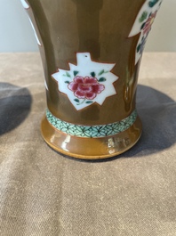 A Chinese capucin-brown-ground famille rose garniture of five vases with floral design, Qianlong